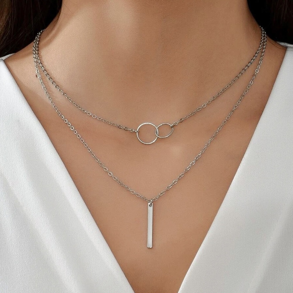 Any 2/$20! Silver Double-Layer Circle/Bar Necklace - Picture 2 of 6